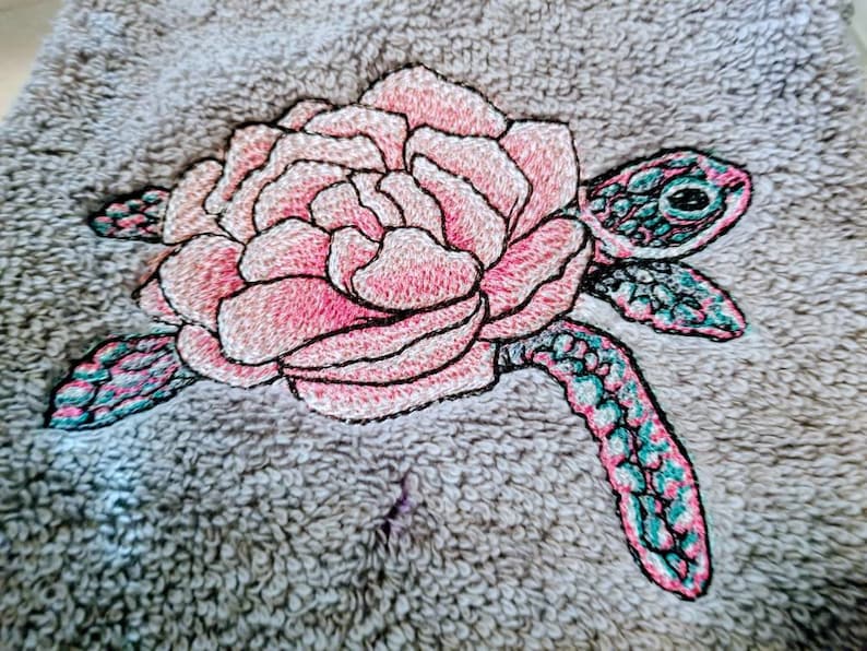 Sea Turtle Peony Flower Embroidered Bathroom Hand Towel 16x30 Coastal Christmas Beach House Nautical Decor image 1