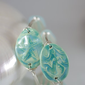 Mermaid Bangle Bracelet - Starfish Bangle Bracelet - Aqua Ceramic with Sea Glass