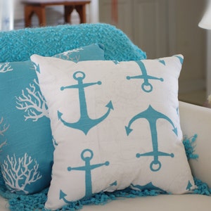 Anchors Away Pillow White, Gray, Aqua, Turquoise Anchor Pillow image 1