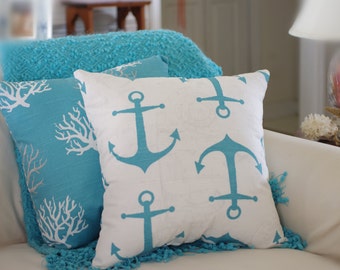 Anchors Away Pillow - White, Gray, Aqua, Turquoise Anchor Pillow