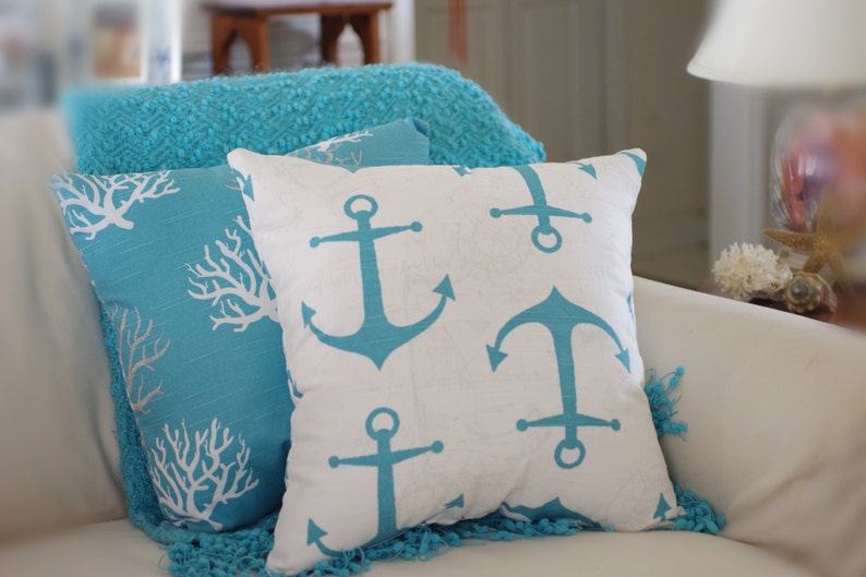 Anchors Away Pillow White, Gray, Aqua, Turquoise Anchor Pillow image 1