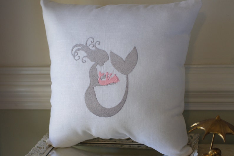 Embroidered Mommy Mermaid and Baby Mermaid Pillow on Linen | Etsy
