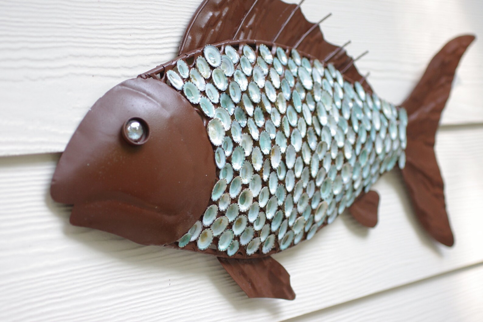 Nautical Wall Decor Metal Fish With Aqua Limpet Shell Scales Etsy