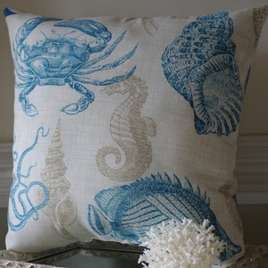 Blue, Tan and Ivory  Sea Life and Marine Indoor or Outdoor Throw Pillow - 18x18