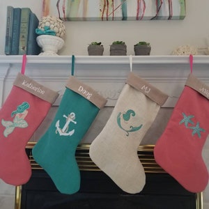 Beach Cottage Linen Christmas Stockings Coastal Decor Coastal Christmas Holiday Decor image 2