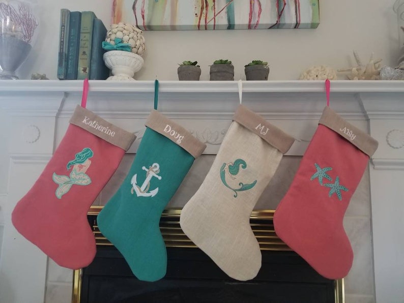 Beach Cottage Linen Christmas Stockings Coastal Decor Coastal Christmas Holiday Decor image 2