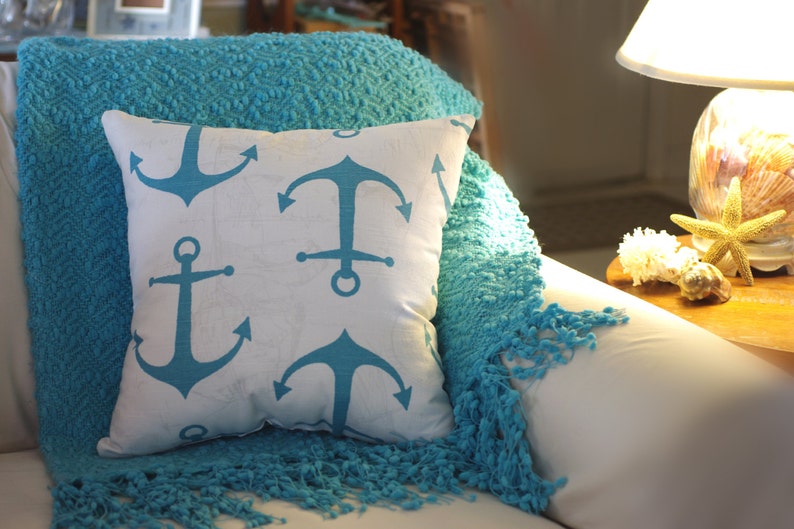 Anchors Away Pillow White, Gray, Aqua, Turquoise Anchor Pillow image 2