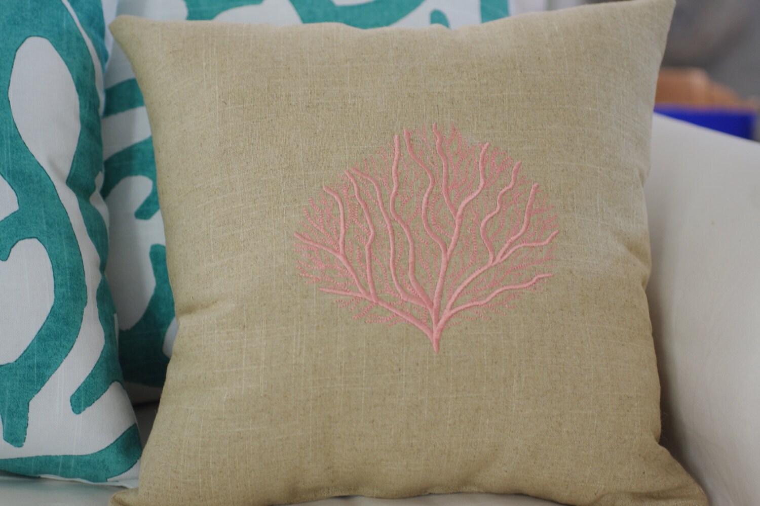 Beach Decor Linen Machine Embroidered Coral Throw Pillow Etsy