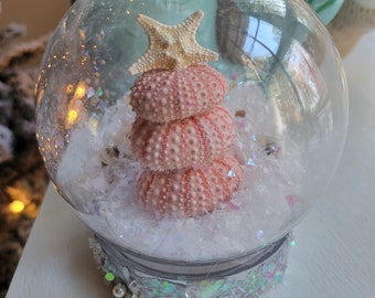 Sea Urchin Christmas Tree Snow Globe Ornament - Coastal Christmas