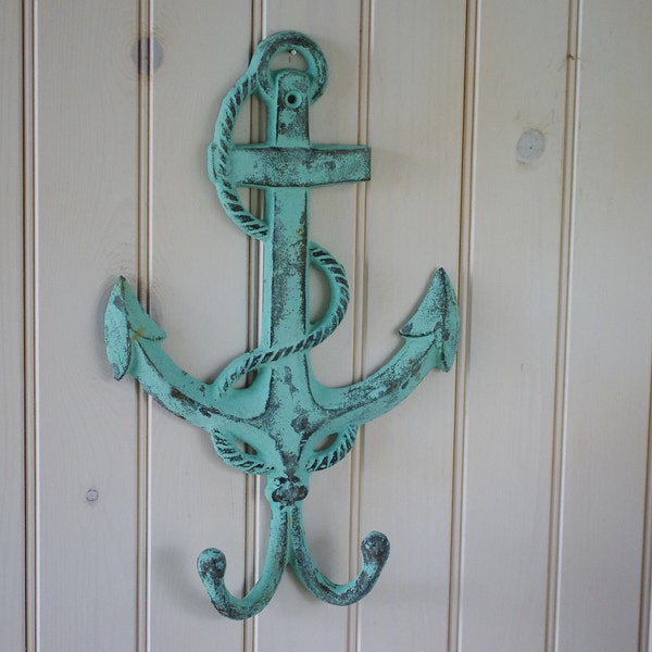 Nautical Decor Cast Iron Anchor Double Wall Hook - Sea Foam Green