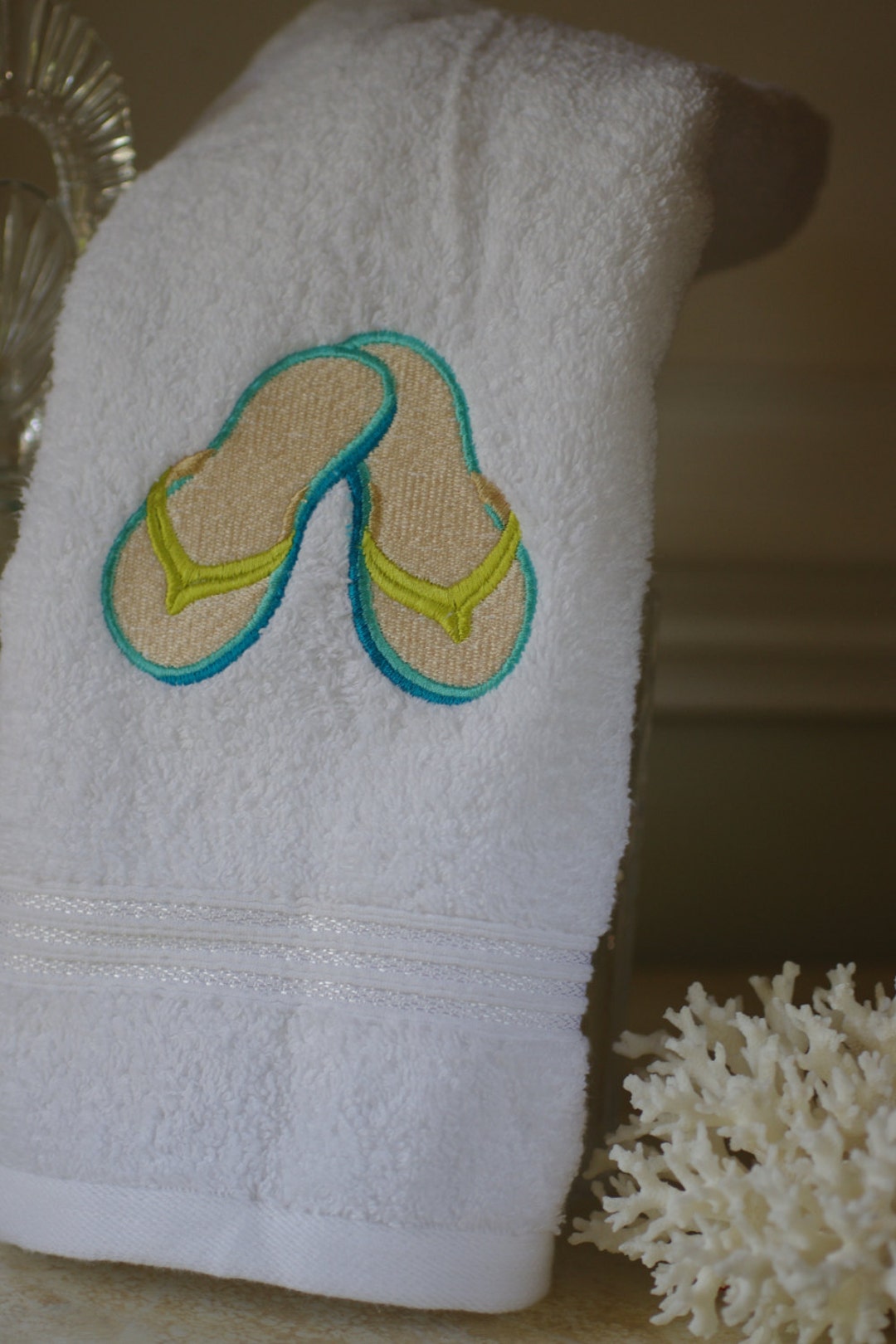 Embroidered Flip Flop Bathroom Hand Towel 16x30 Beach Decor Beach House