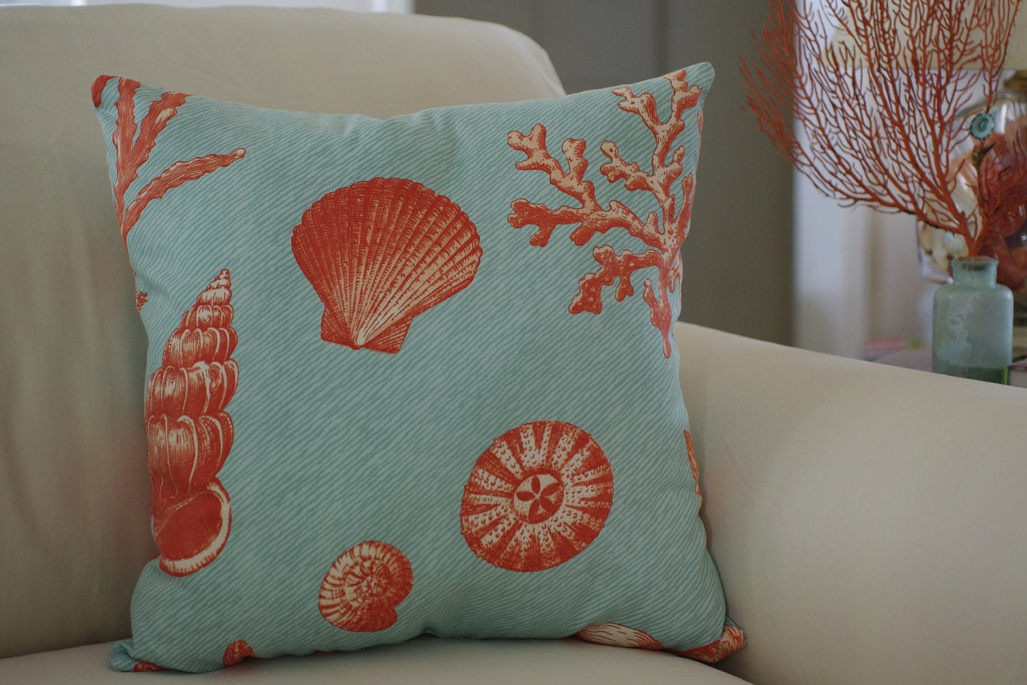 Beach Decor Aqua Blue Coral Sea Life and Shell Throw Pillow Etsy