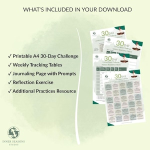 May include: A digital download graphic with the text "WHAT'S INCLUDED IN YOUR DOWNLOAD". The image includes a printable A4 30-Day Challenge, weekly tracking tables, journaling pages, reflection exercises, and additional resources. The design features a green and white color scheme.