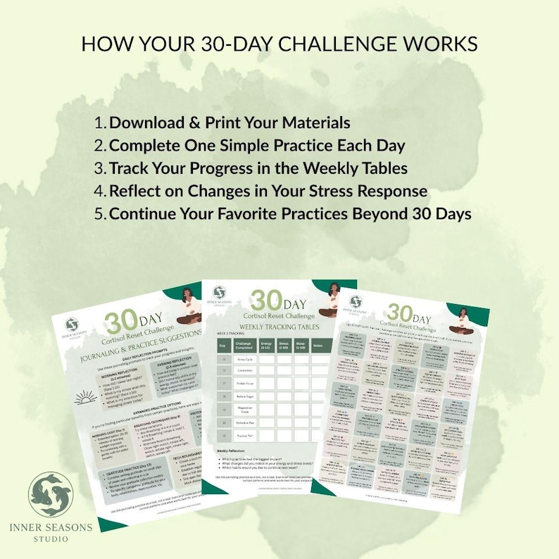 May include: Three printed pages for a 30-day challenge, with the text "How Your 30-Day Challenge Works" at the top. The pages include journaling prompts, weekly tracking tables, and practice suggestions. The Inner Seasons Studio logo is at the bottom.