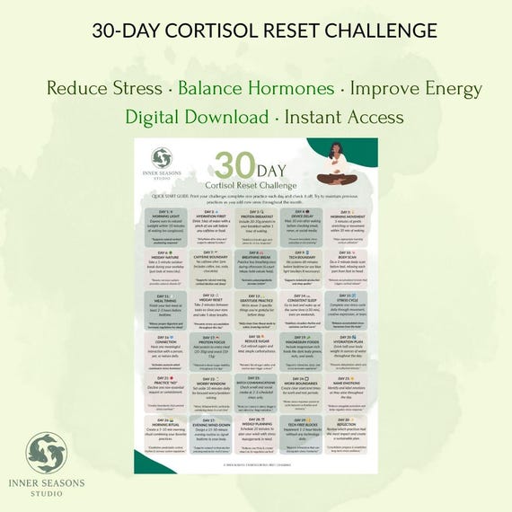 30-Day Cortisol Reset Challenge | Stress Management Printable | Self-Care Planner |Wellness Tracker | Digital Download
