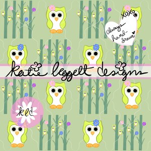 Green Whimsical Cute Owl Seamless Pattern Digital Download, Hand-Drawn Owl Design (4000px x 4000px PNG) 300DPI