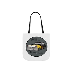 Classic Car with Flame Print Design Canvas Tote Bag, Born to Drive Classics| 53 Ford Car| 5-Color Straps Choices