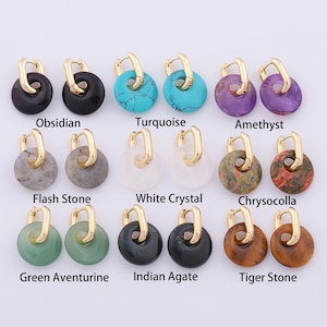 1 pair Natural Stone Earrings,18K Gold Filled Huggie Hoop Earrings,Round Earrings,Hypoallergenic Huggie Hoop,Gift for Her