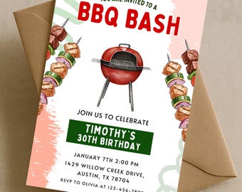 BBQ Birthday Invitation Template, BBQ Bash Party Invite Editable Canva 30th Birthday Invite, Cookout Backyard Grill Instant Download For Men