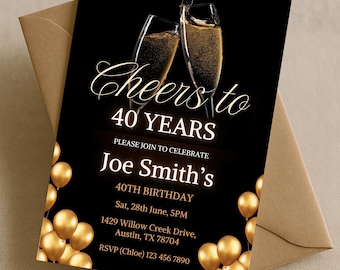 Puede incluir: Una tarjeta de invitación negra con texto y detalles dorados, que celebra un 40 cumpleaños. La tarjeta presenta copas de champán, globos y detalles del evento, incluido el nombre de Joe Smith, la fecha, la hora y el lugar.