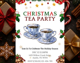 Vintage Blue Teacup Holiday Invite, Christmas Tea Party Invitation, Festive Afternoon Tea Party Invite, Brunch Christmas Tea Template Invite