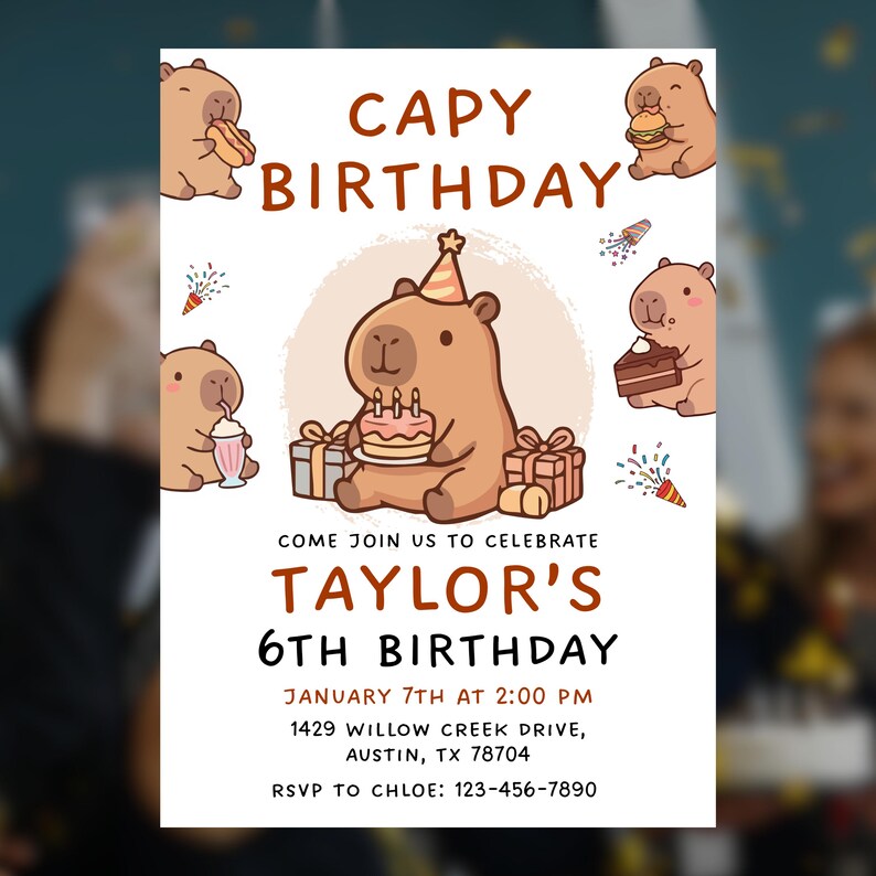 Capybara Birthday Invitation for Kids, 6th Birthday Invite Cute Animal ...