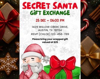 Pode incluir: Convite para um Secret Santa Gift Exchange com elementos festivos. O convite apresenta texto em vermelho e verde, uma ilustração do Papai Noel e um presente embrulhado com um laço vermelho. A data e a hora são exibidas.