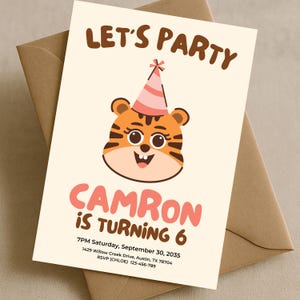 Tiger Party Hat Kids Birthday Party Invite, Tiger Birthday Invitation Template, Editable Jungle Animal Invite, Printable Digital Download