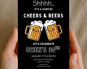Invitación de cumpleaños "Kawaii Cheers Beers" para hombre, imprimible para fiesta de cerveza número 30, invitación para botella de cerveza para hombre, plantilla digital de cumpleaños de cervecería para adultos