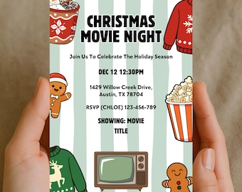 May include: A Christmas Movie Night invitation with a light green background and vertical stripes. The invitation includes illustrations of a mug, sweater, popcorn, gingerbread man, and a vintage TV. Text includes "CHRISTMAS MOVIE NIGHT" and event details.