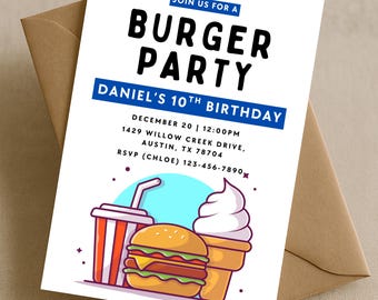 May include: White invitation card with the text "BURGER PARTY" and "DANIEL'S 10TH BIRTHDAY". Includes a burger, ice cream cone, and drink illustration. The card also has event details and RSVP information.