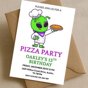 Editable Alien Pizza Party Invitation, Space Chef Birthday Invite, Funny Extraterrestrial Pizza Theme, Printable Teen Boy Birthday Invite