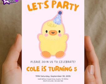 May include: A light pink birthday invitation card featuring a yellow chick wearing a blue party hat. The text reads: LET'S PARTY, PLEASE JOIN US TO CELEBRATE! COLE IS TURNING 5, 7PM Saturday, September 30, 2035, 1429 Willow Creek Drive, Austin, TX 78704, RSVP (CHLOE) 123-456-789.