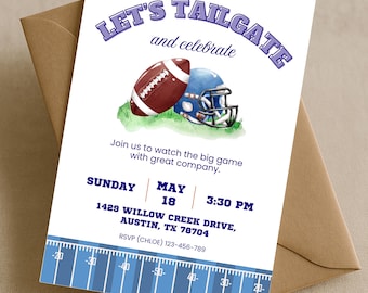 Blue Tailgate Party Invitation, Game Day Watch Party, Big Game Football Invite, Canva Editable Template, American Football Party Invitation