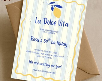 Invito di compleanno a tema Limone Amalfi Mediterraneo Estate La Dolce Vita, Invito per brunch per adulti Modello Canva, Invito per festa brunch italiana