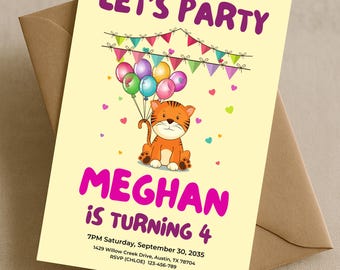 May include: A birthday party invitation with the text "LET'S PARTY" in purple. The invitation features a cartoon tiger holding balloons, with the name "MEGHAN" and the age "4" in large purple letters. Additional details include the date, time, and RSVP information.
