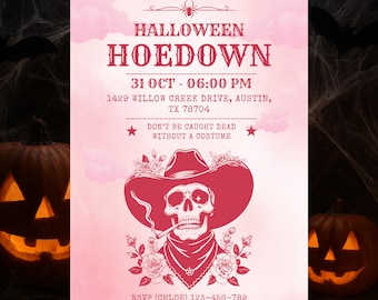 Pink Halloween Hoedown Invitation, Western Cowgirl Skeleton Party Invite, Rustic Country Costume Barn Dance, Printable Digital Download