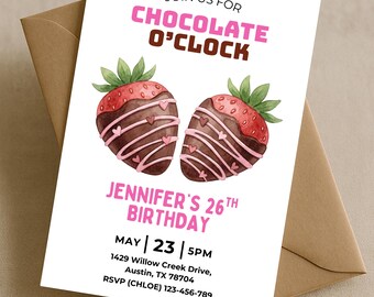 Invitación de cumpleaños "Hora del Chocolate", fiesta de fresas cubiertas de chocolate, invitación para la noche de postres del 26.º cumpleaños, plantilla imprimible de Canva