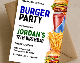 May include: A white invitation card with the text "BURGER PARTY" in blue and black, and "JORDAN'S 17TH BIRTHDAY" in green. The card features illustrations of burgers, fries, and a soda can. The invitation is for a party on December 12 at 12:30 PM.