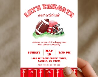 Red Tailgate Party Invitation, Game Day Watch Party, Big Game Football Field Invite, Canva Editable Template, American Football Party Invite