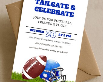 Blue Tailgate Celebrate Football Party Invitation, Football Watch Party, Game Day Invite, College Football Homecoming Game Invite