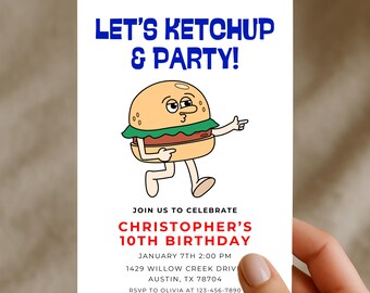 May include: White invitation card with blue text that reads "LET'S KETCHUP & PARTY!" and a cartoon hamburger character. The card announces Christopher's 10th birthday, including date, time, and location.