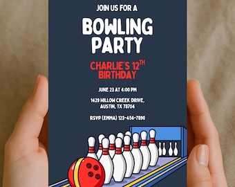 Bowling Party Invite Template, Bowling Party Birthday Invite Printable, Bowling Alley Birthday Template For Kids, Bowling Bday Boys Girls