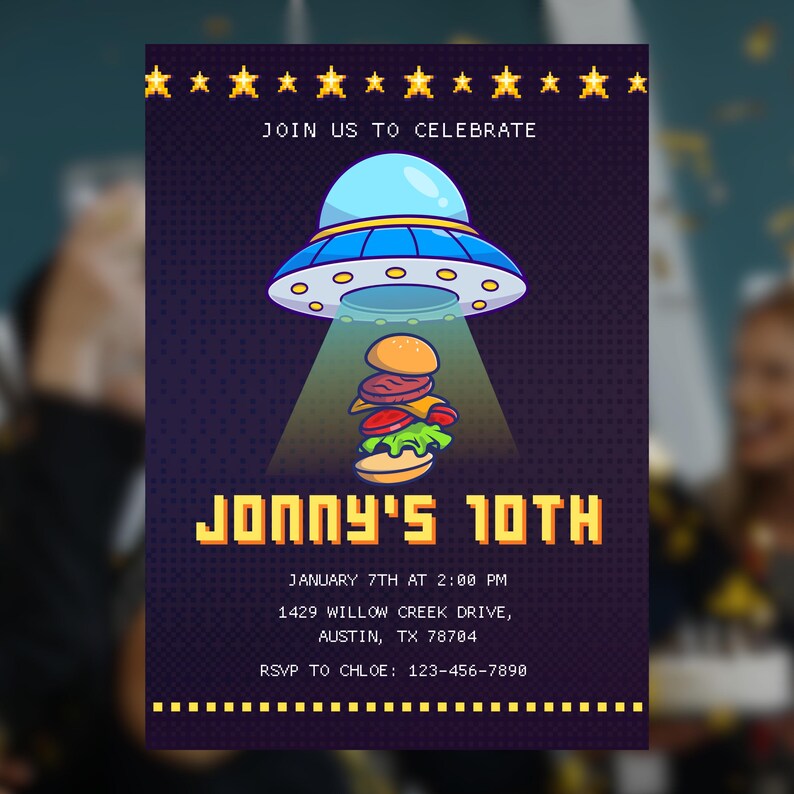 Alien Burger Party Birthday Invitation Template Editable Canva, Kids ...
