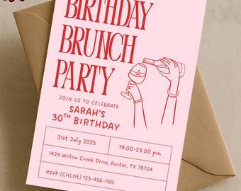 Invito per brunch di compleanno in stile retrò con cocktail, invito per festa di compleanno con bevande rosa, modello Canva modificabile per compleanno per adulti, download immediato