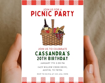Picnic Party Invitation Adult Birthday, Adult Picnic Birthday Invite, Red Gingham Picnic, Editable Canva Template