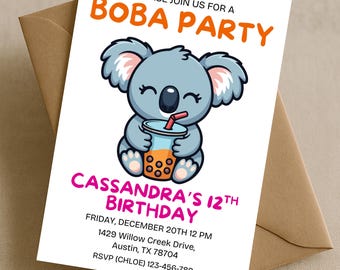 Koala Boba Tea Birthday Invitation, Boba Party Invite for Kids, Editable Canva Cute Bubble Tea Theme Birthday Digital