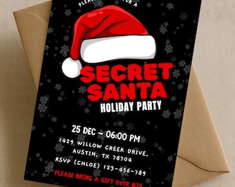 May include: A black Secret Santa holiday party invitation featuring a red Santa hat illustration. The invitation includes event details: date, time, location, RSVP contact, and a request to bring a gift.