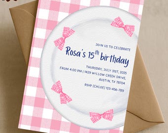 Summer Coquette Birthday Invitation Template, Pink Picnic Birthday Invite, Gingham Party Canva Template, Editable Birthday Invitation