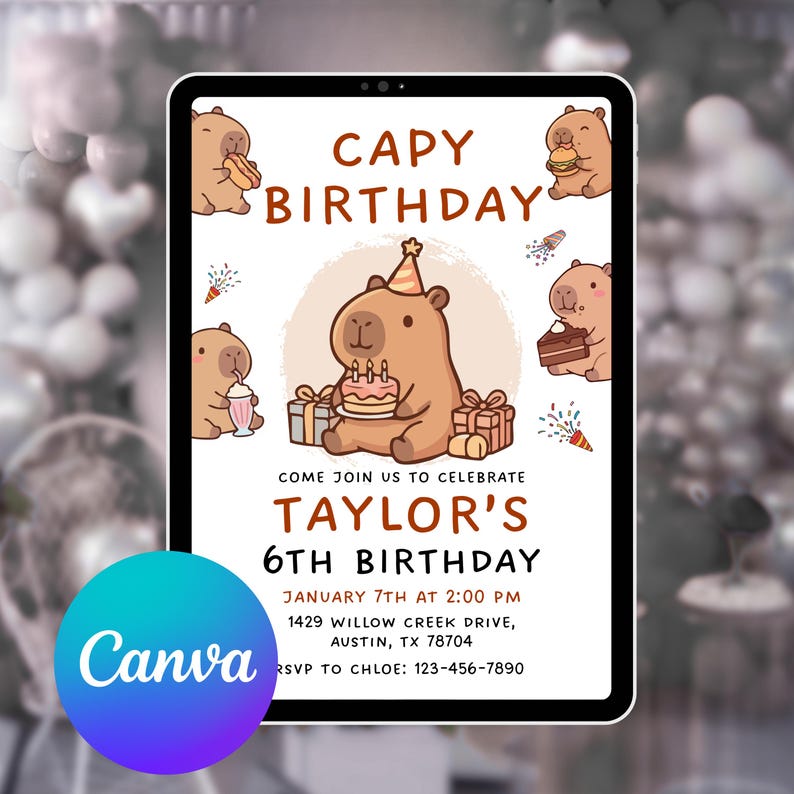 Capybara Birthday Invitation for Kids, 6th Birthday Invite Cute Animal ...